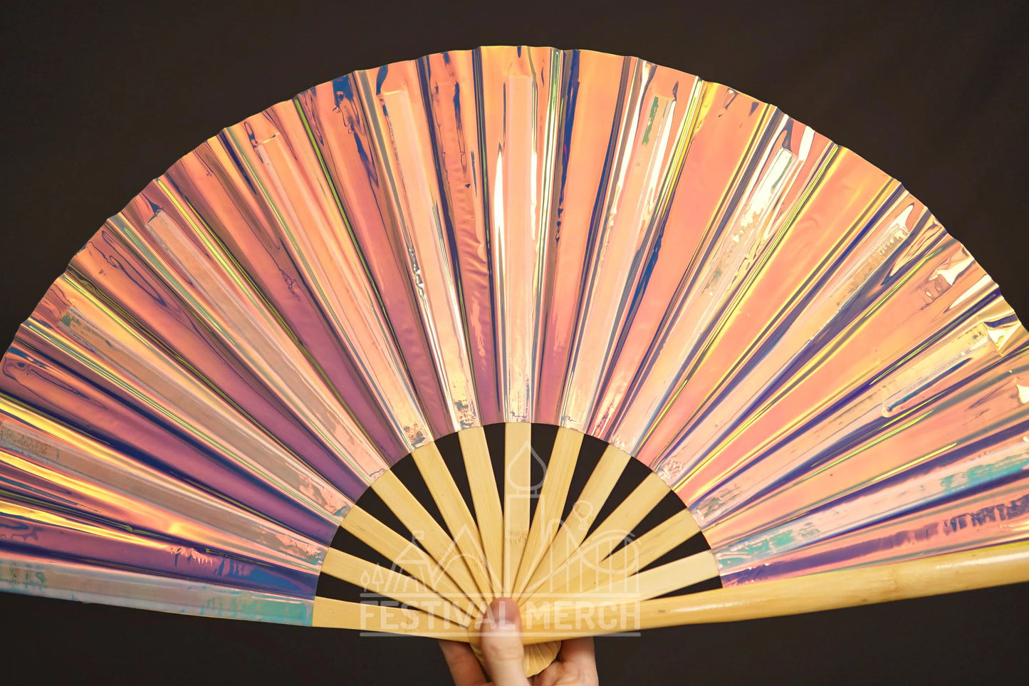Iridescent Hand Fan XL Bamboo Festival Merch Vinyl Shimmer Clack Fan EDM Rave accessories Pride Festival Holographic Ibiza Holiday