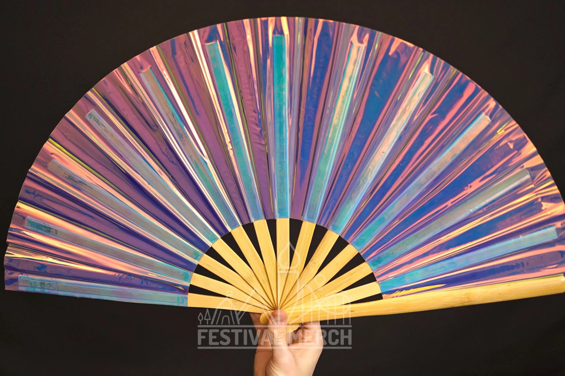 Iridescent Hand Fan XL Bamboo Festival Merch Vinyl Shimmer Clack Fan EDM Rave accessories Pride Festival Holographic Ibiza Holiday
