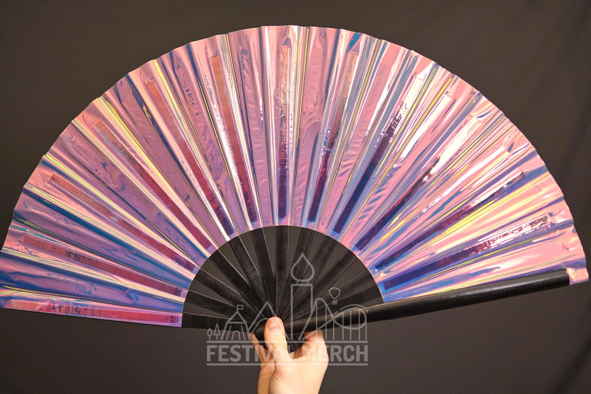 Iridescent Hand Fan XL Bamboo Festival Merch Vinyl Shimmer Clack Fan EDM Rave accessories Pride Festival Holographic Ibiza Holiday