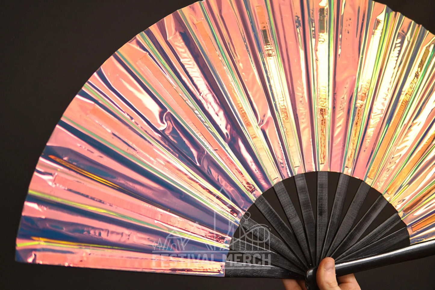 Iridescent Hand Fan XL Bamboo Festival Merch Vinyl Shimmer Clack Fan EDM Rave accessories Pride Festival Holographic Ibiza Holiday