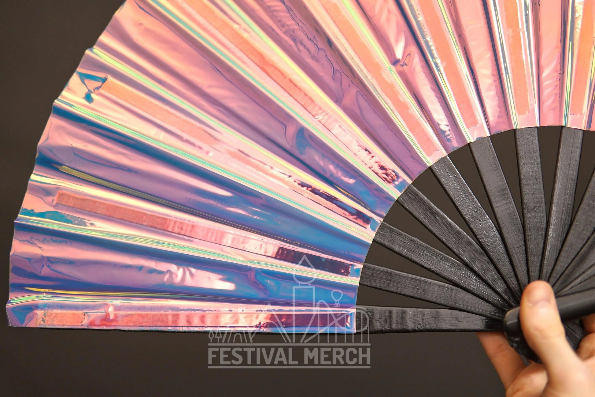 Iridescent Hand Fan XL Bamboo Festival Merch Vinyl Shimmer Clack Fan EDM Rave accessories Pride Festival Holographic Ibiza Holiday