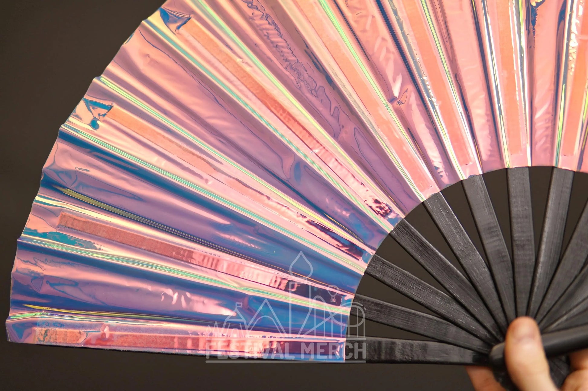Iridescent Hand Fan XL Bamboo Festival Merch Vinyl Shimmer Clack Fan EDM Rave accessories Pride Festival Holographic Ibiza Holiday