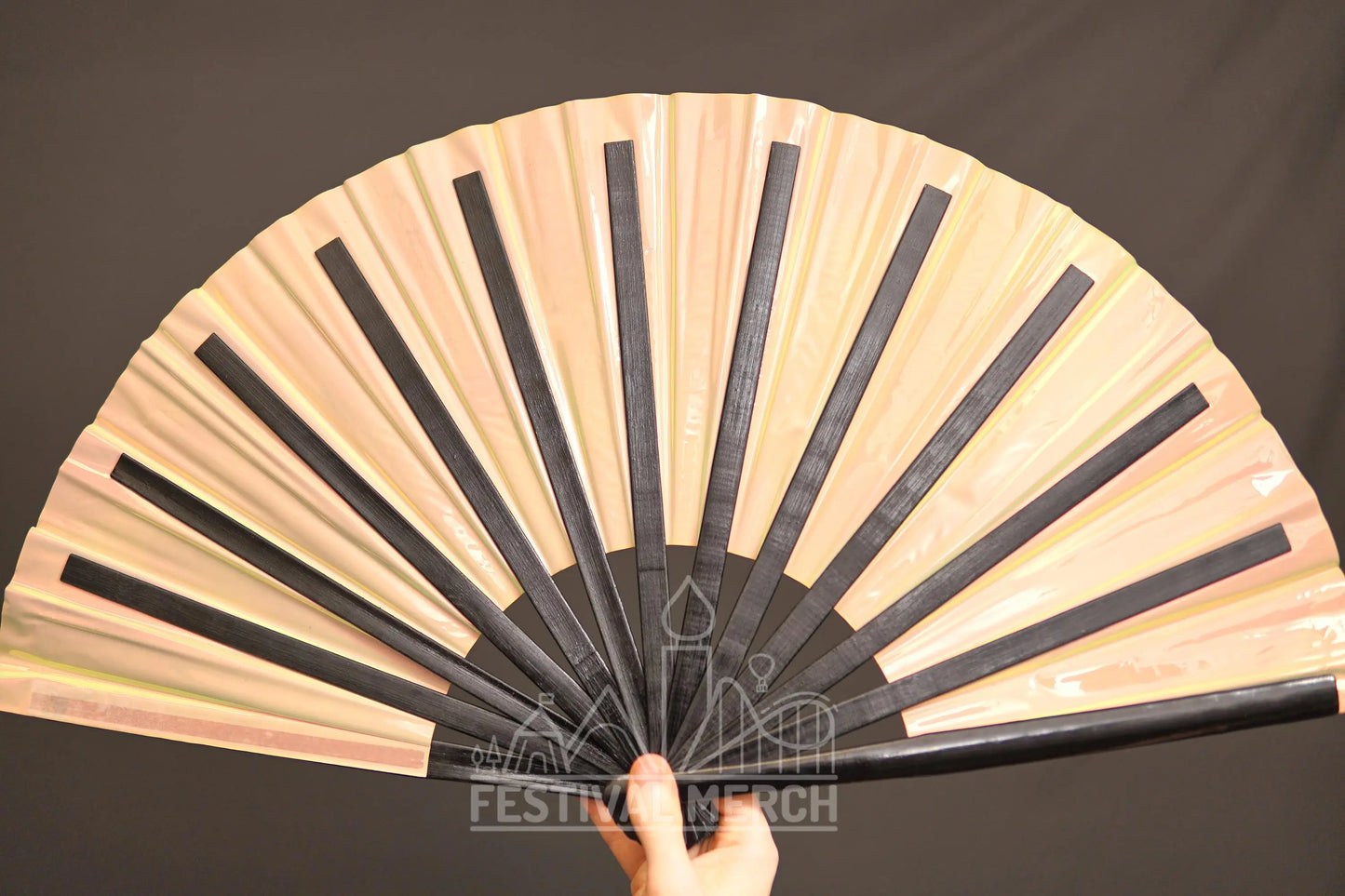 Iridescent Hand Fan XL Bamboo Festival Merch Vinyl Shimmer Clack Fan EDM Rave accessories Pride Festival Holographic Ibiza Holiday