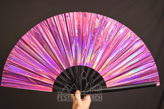 Iridescent Hand Fan XL Bamboo Festival Merch Vinyl Shimmer Clack Fan EDM Rave accessories Pride Festival Holographic Ibiza Holiday