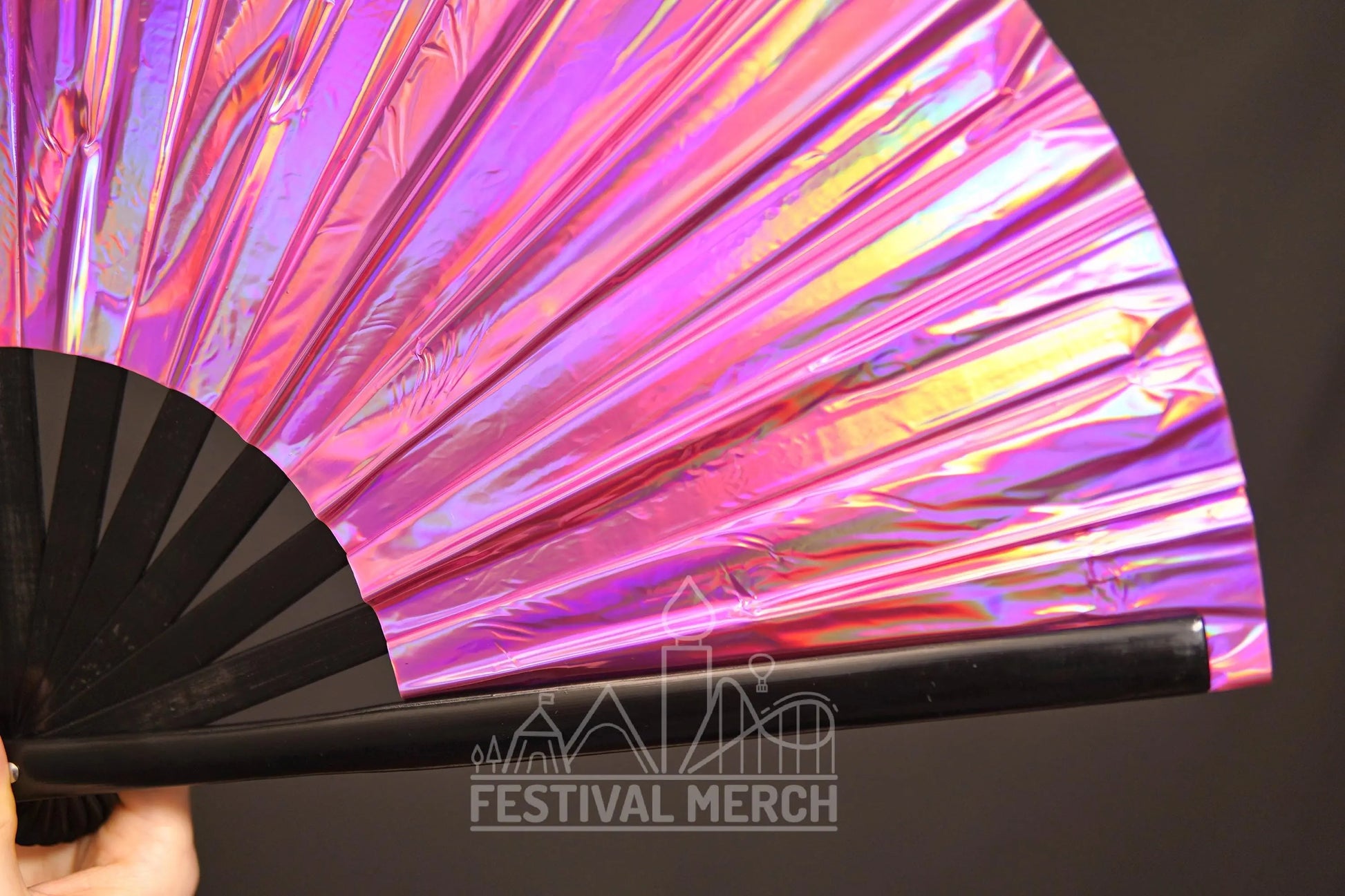 Iridescent Hand Fan XL Bamboo Festival Merch Vinyl Shimmer Clack Fan EDM Rave accessories Pride Festival Holographic Ibiza Holiday