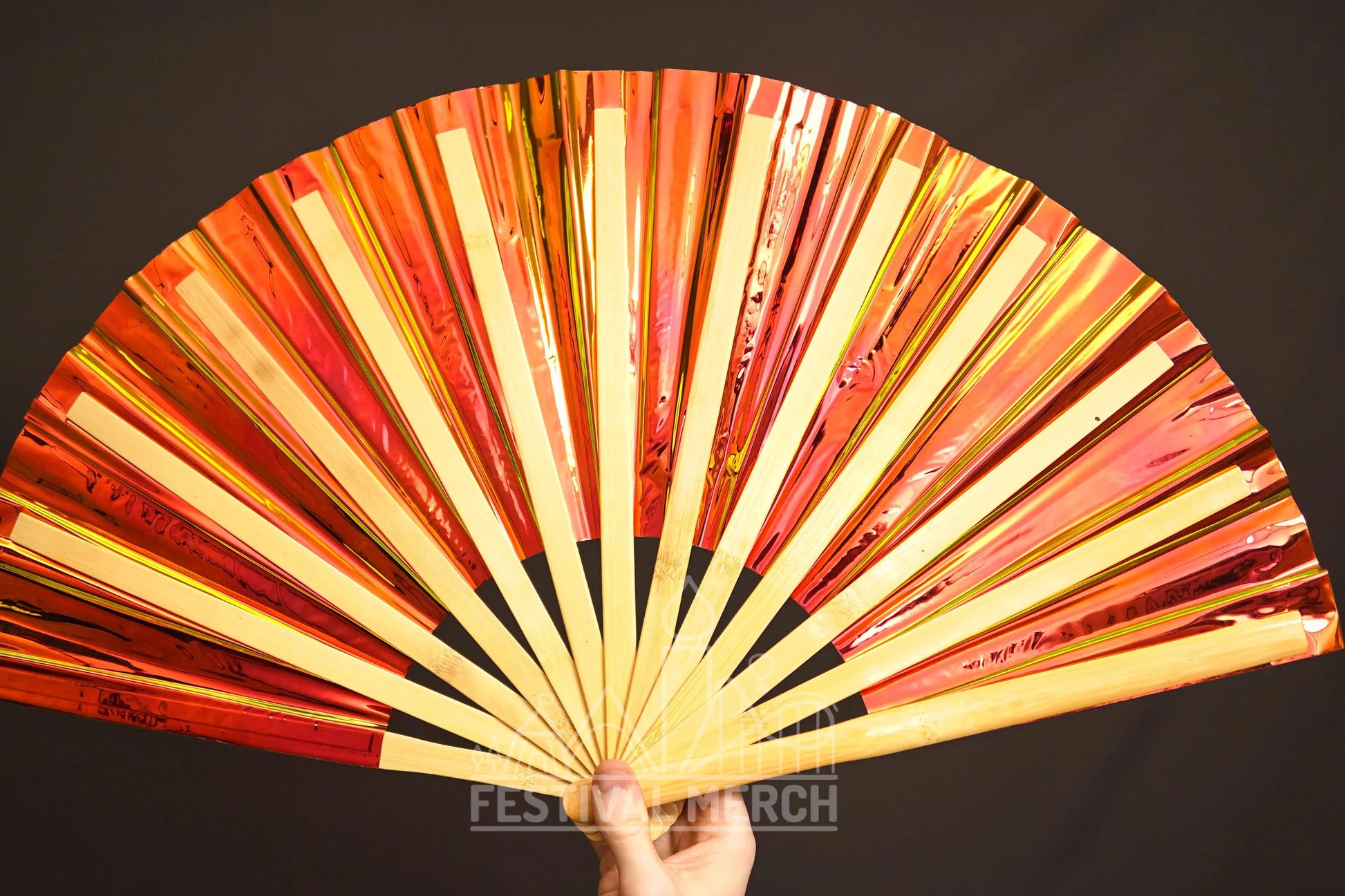 Iridescent Hand Fan XL Bamboo Festival Merch Vinyl Shimmer Clack Fan EDM Rave accessories Pride Festival Holographic Ibiza Holiday