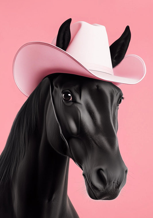 Funny Animal Wall Art Pink Horse wearing cowboy hat cowgirl hat Tropical - A4 A3 A2 - Festival Merch