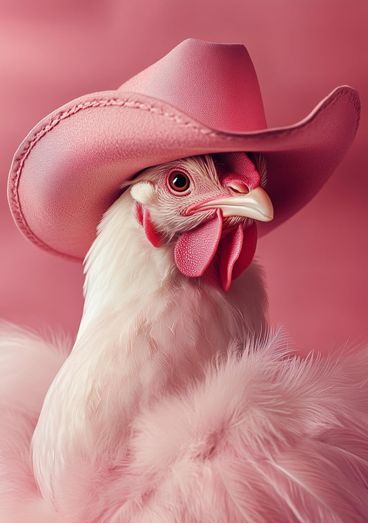 Funny Animal Wall Art Chicken Rooster wearing cowboy hat cowgirl hat Tropical - A4 A3 A2 - Festival Merch