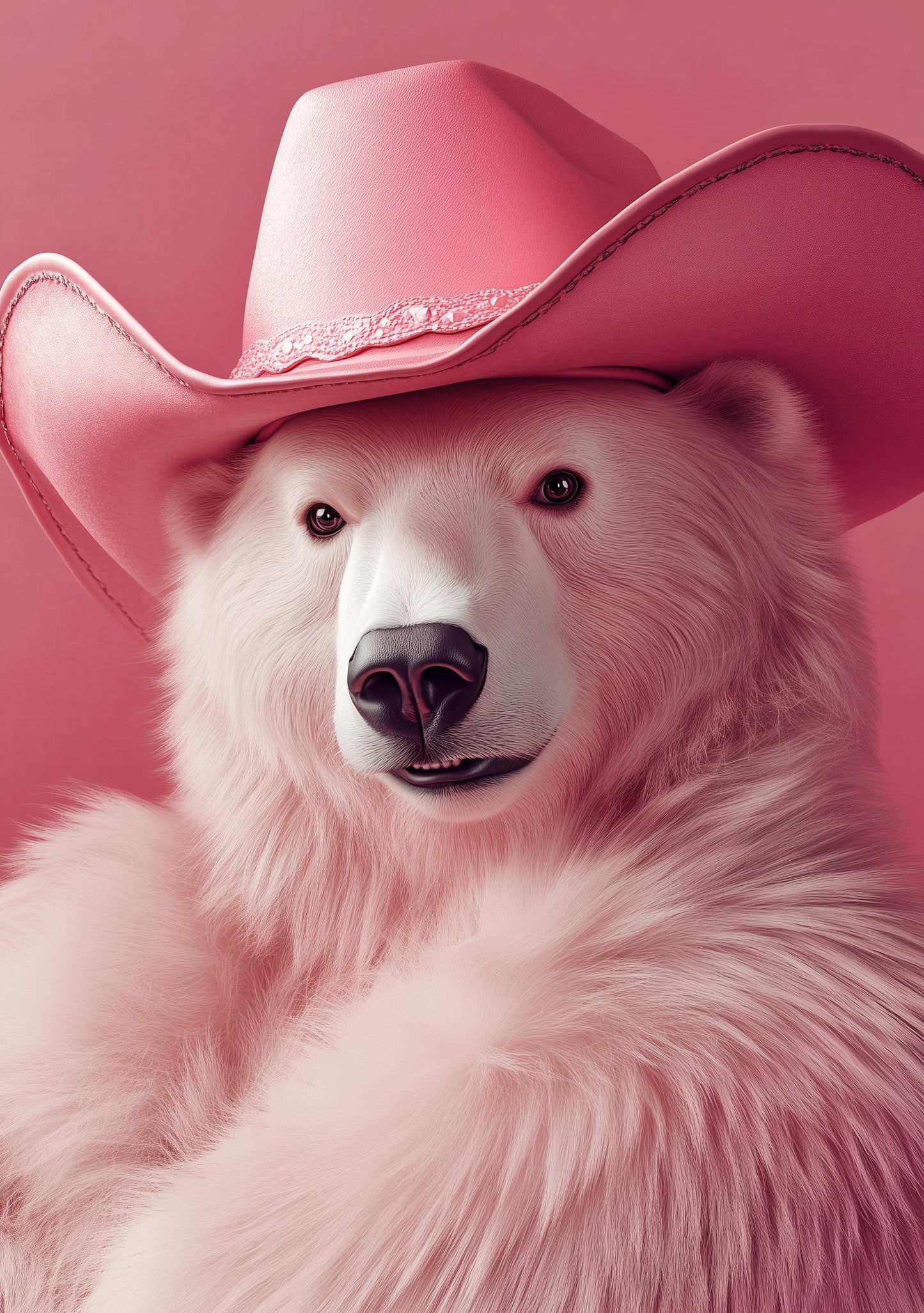 Funny Animal Wall Art Pink Polar Bear wearing cowboy hat cowgirl hat Tropical - A4 A3 A2 - Festival Merch