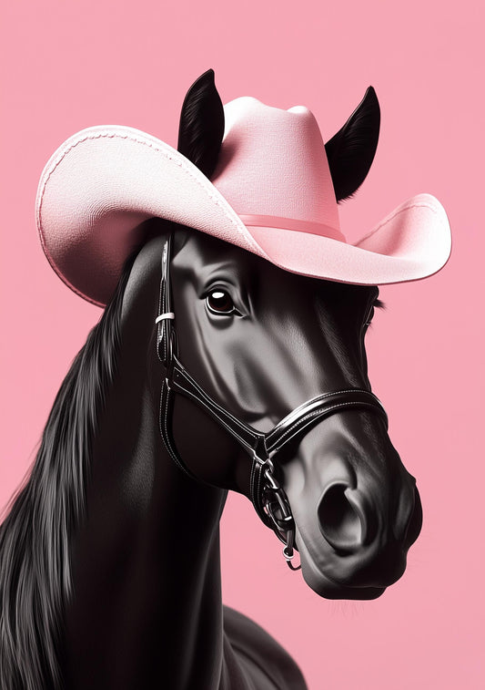Funny Animal Wall Art Black Horse wearing cowboy hat cowgirl hat Tropical Black Beauty - A4 A3 A2 - Festival Merch