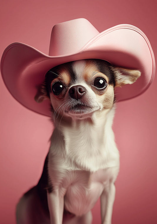 Funny Animal Wall Art Chihuahua wearing cowboy hat cowgirl hat Tropical - A4 A3 A2 - Festival Merch