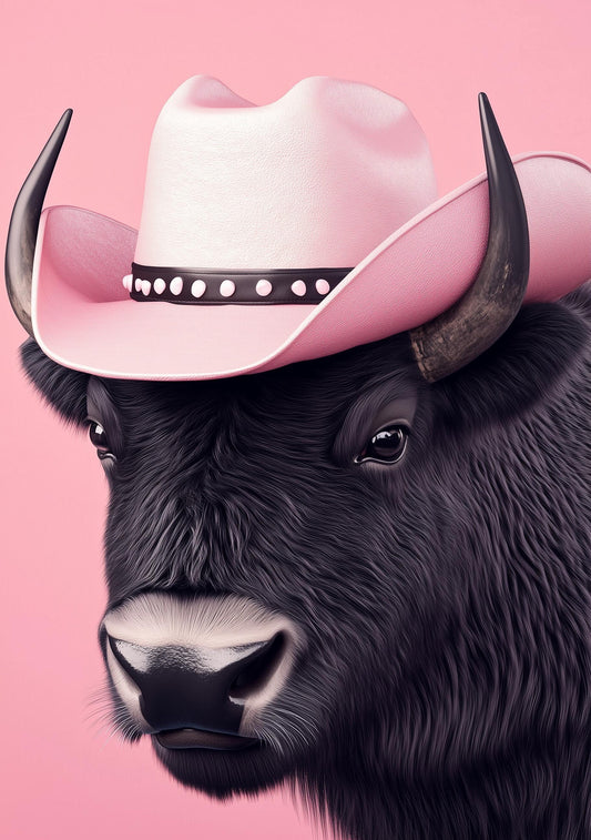 Funny Animal Wall Art American Buffalo wearing cowboy hat cowgirl hat Tropical - A4 A3 A2 - Festival Merch
