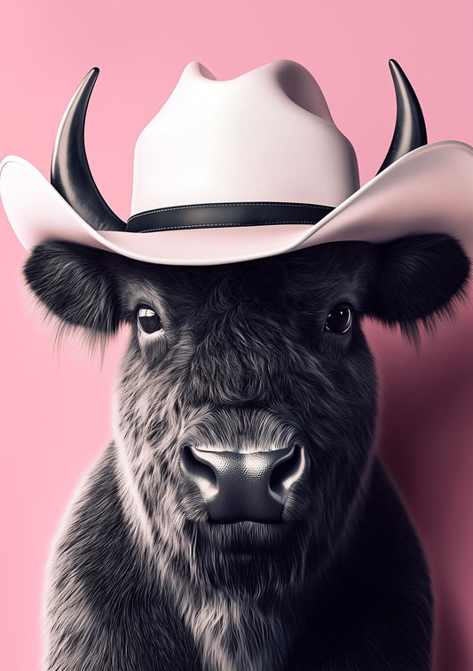 Funny Animal Wall Art American Buffalo wearing cowboy hat cowgirl hat Tropical - A4 A3 A2 - Festival Merch