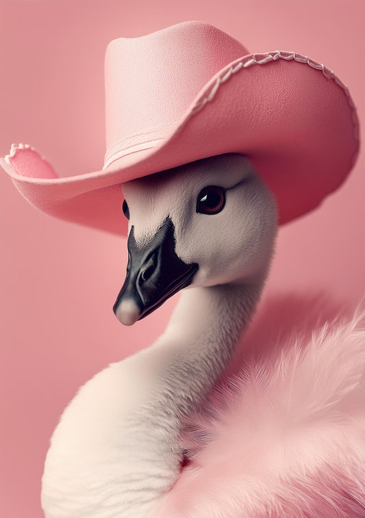 Funny Animal Wall Art Swan wearing cowboy hat cowgirl hat Tropical - A4 A3 A2 - Festival Merch