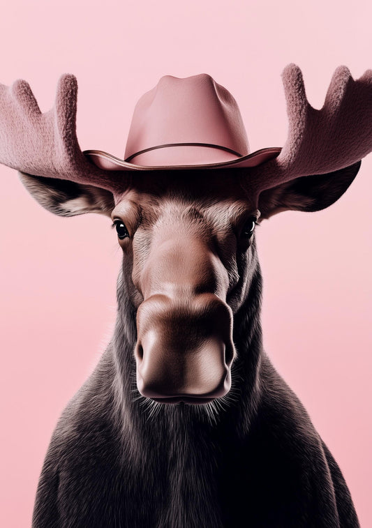 Funny Animal Wall Art American Moose wearing cowboy hat cowgirl hat Tropical - A4 A3 A2 - Festival Merch