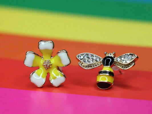 Bee earrings - Bee and Spring Flower - Honey Bee earrings Bumble Bee - Manchester bee - Mini bee studs MCR Manchester manc birthday summer