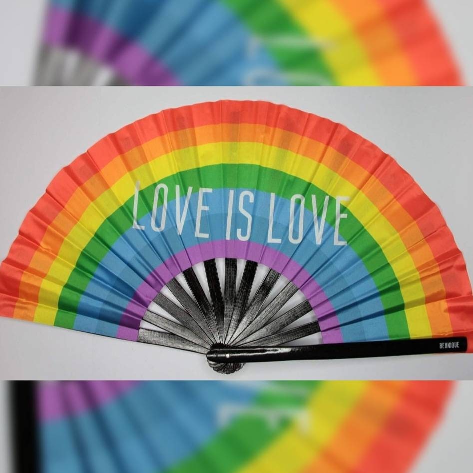 Pride Care Package 3 Essential Items! - Bundle of Pride Gift Set  - LGBT Gay Lesbian Bi Trans - Rainbow Flag, Fan, Face Stamp