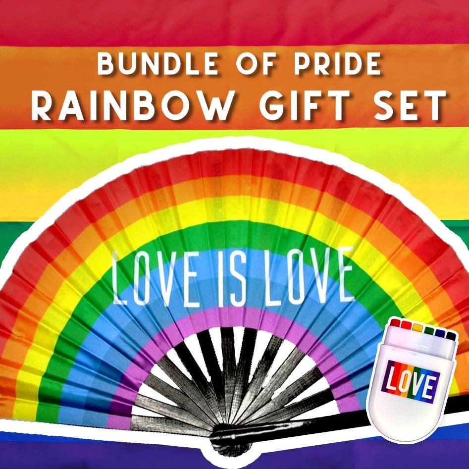 Pride Care Package 3 Essential Items! - Bundle of Pride Gift Set  - LGBT Gay Lesbian Bi Trans - Rainbow Flag, Fan, Face Stamp