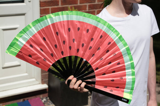 Clack Fan - Watermelon Fan - LARGE Hand Fan 25" - 66CM - Printed to UV Fabric - Giant hand fan  - Festival Merch - heat wave keep cool