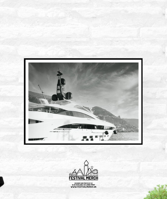 Monaco Harbour Print - Super Yacht - Monaco Poster - Black and White - Living room office home decor  - A4 A3 A2  - Festival Merch