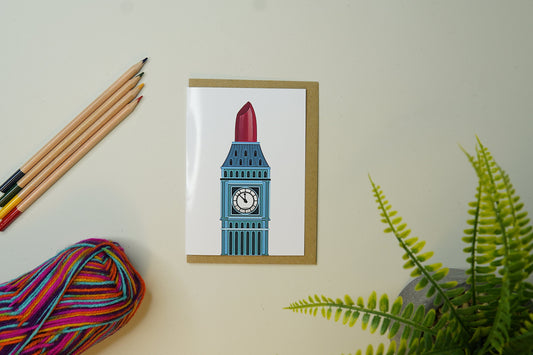 Big Ben Lipstick design - Greetings card - London tourist Londoner LDN Drag Make up artist - Ru Paul's drag race UK inspired