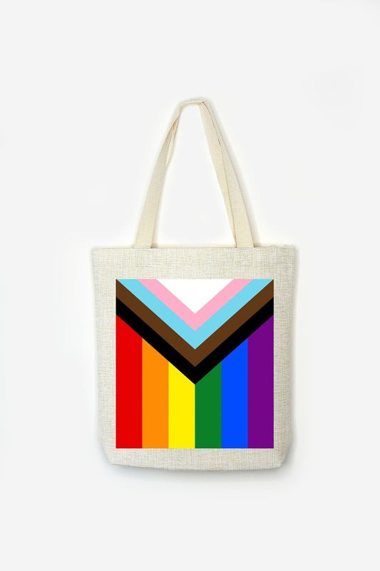 Progress Rainbow Flag Tote Bag - Premium Linen Cotton Canvas - Inclusive BLM Pride Flag LGBT Gay Lesbian Bi Transgender - Festival Merch