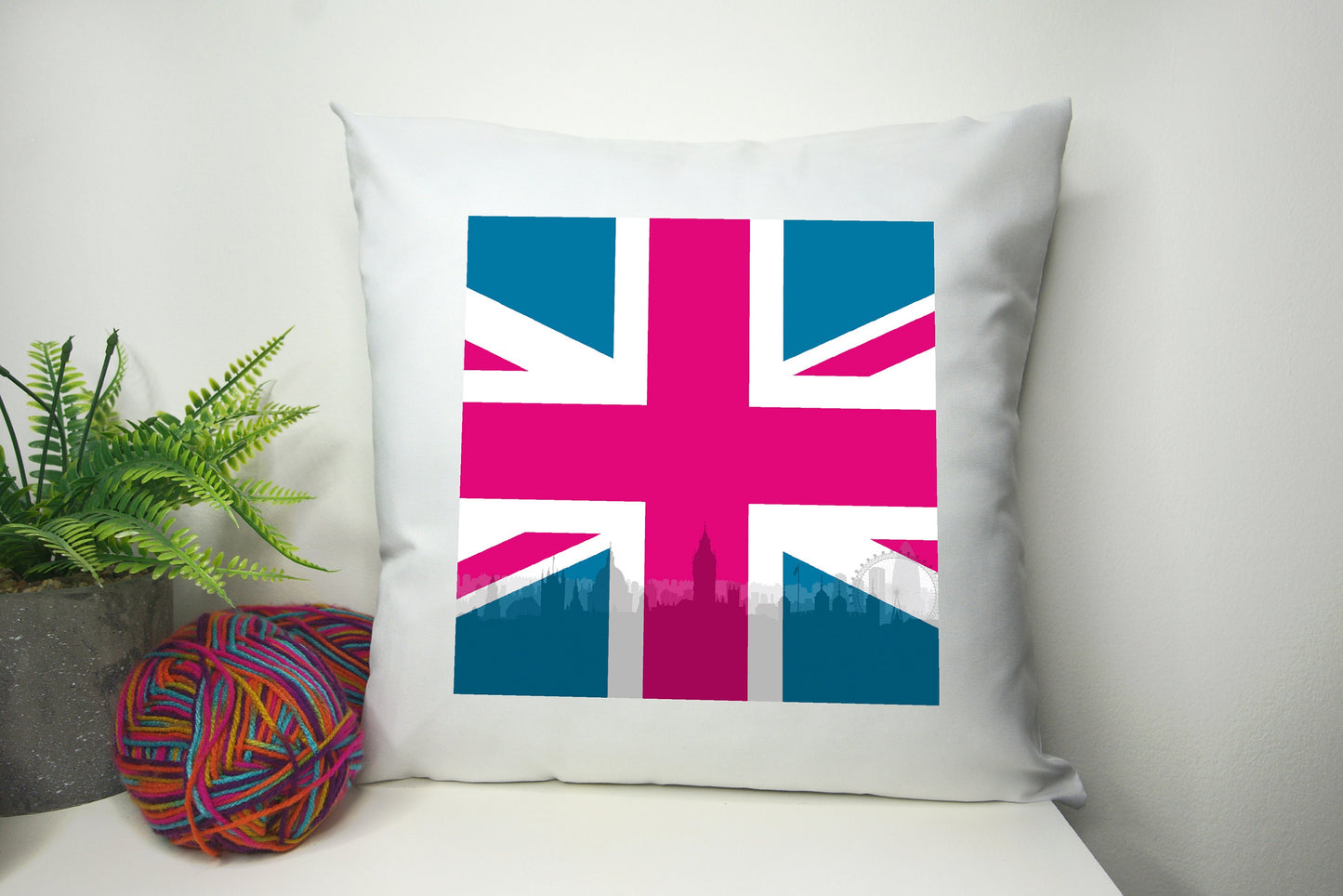Union Jack Cushion Cover 40cm by 40cm Polyester - No filling - London Pillowcase Living room Bed room Home Decor Pink Flag - Festival Merch