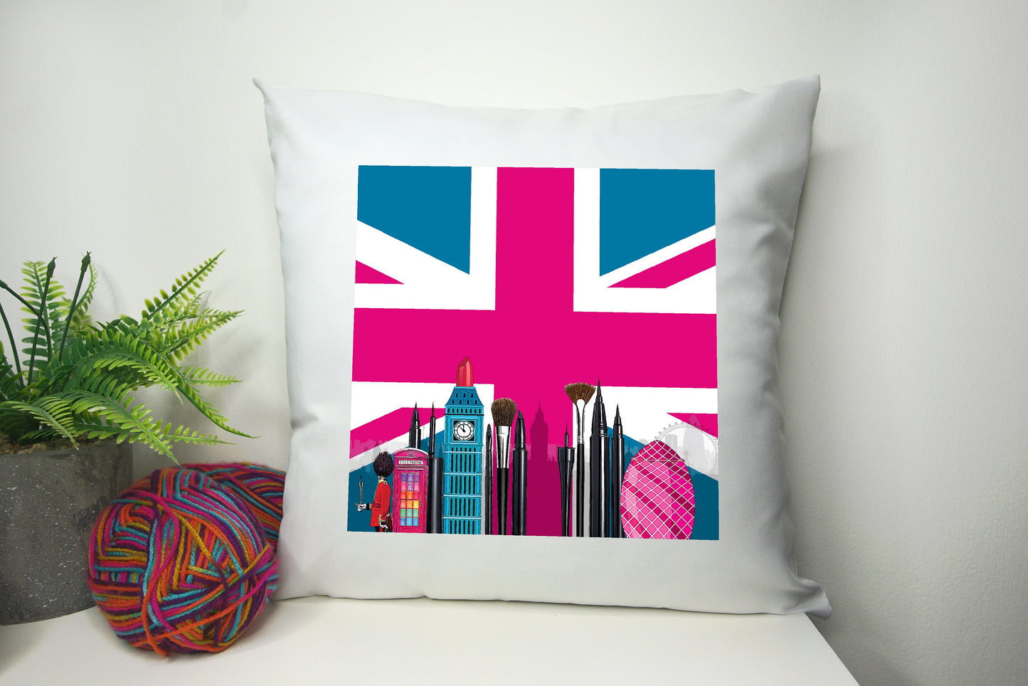 Union Jack Cushion Cover 40cm by 40cm Polyester - No filling - London Pillowcase Living room Bed room Home Decor Pink Flag - Festival Merch