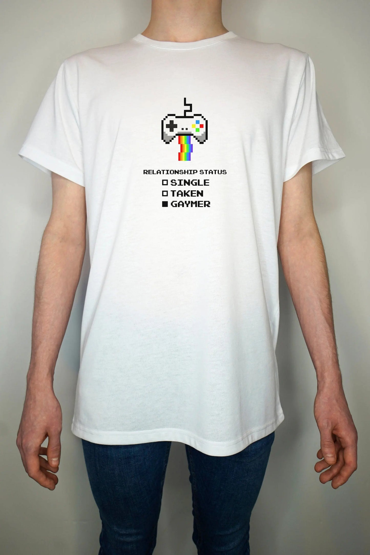 Gaymer T shirt - rainbow pride dating 8bit cartoon - Premium Quality Summer Light weight 65/35 Polyester Cotton