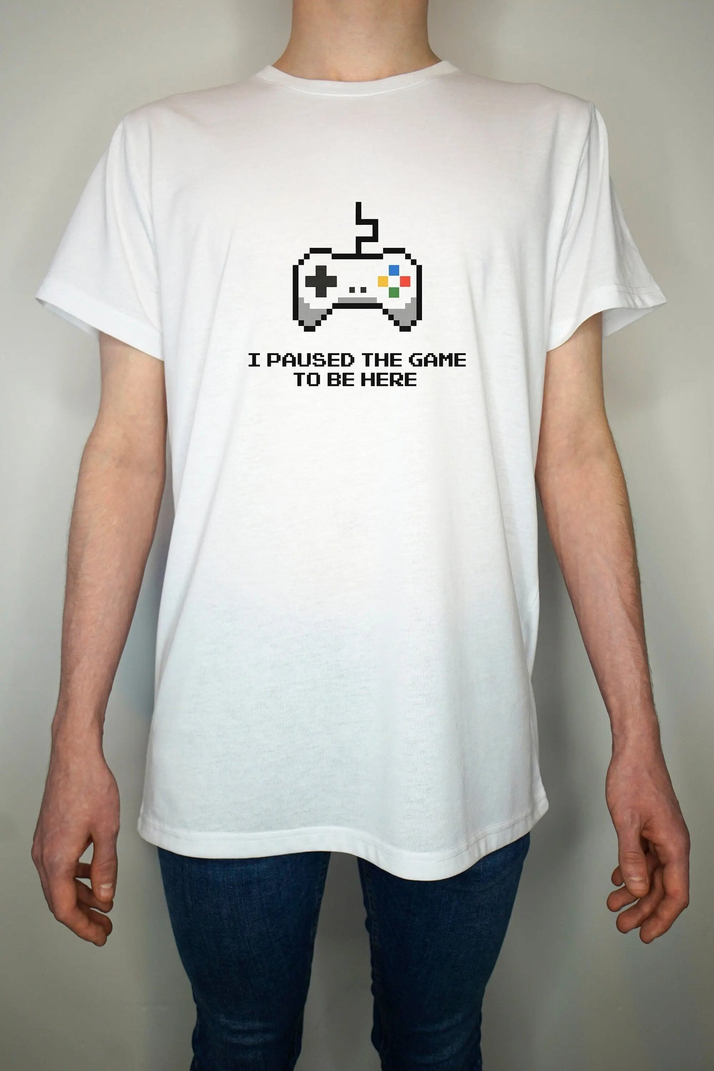 Gamer T shirt - Paused the game to be here - 8bit cartoon gamer - Premium Quality Summer Light weight 65/35 Polyester Cotton