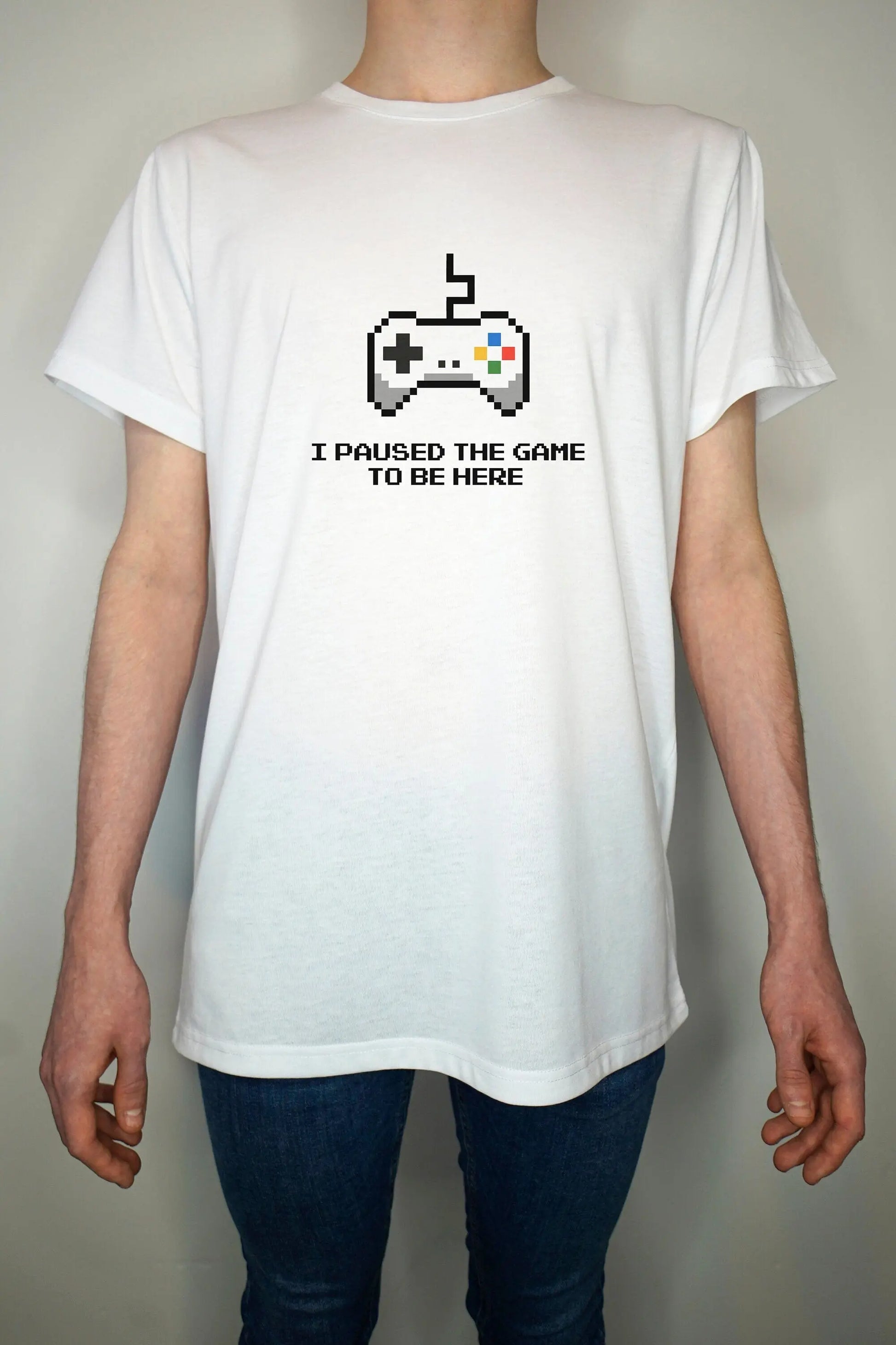 Gamer T shirt - Paused the game to be here - 8bit cartoon gamer - Premium Quality Summer Light weight 65/35 Polyester Cotton