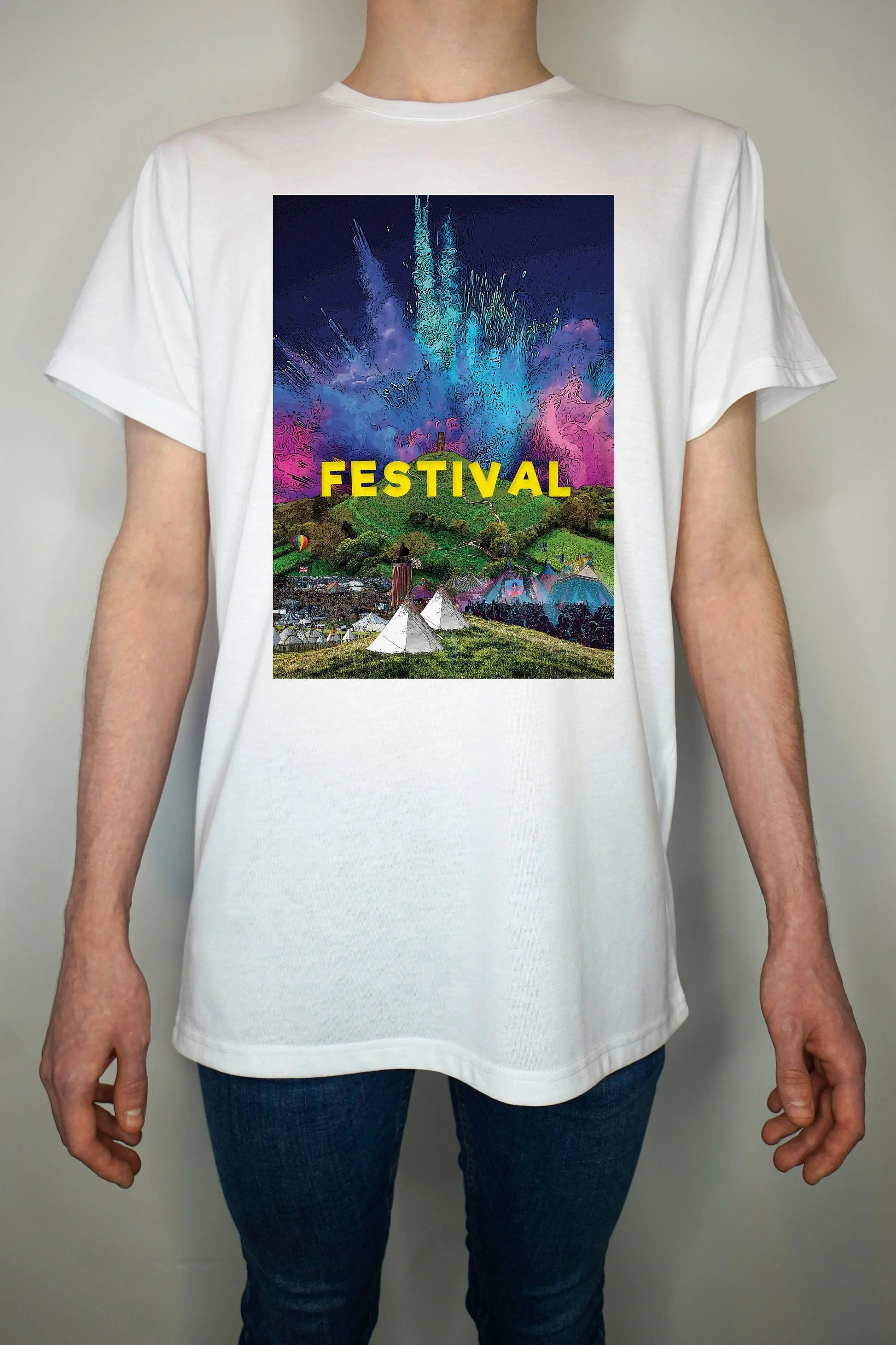 Glastonbury Festival T Shirt (unofficial) Hand made - Light weight Summer 65/35 Polyester Cotton - festival glasto parklife download