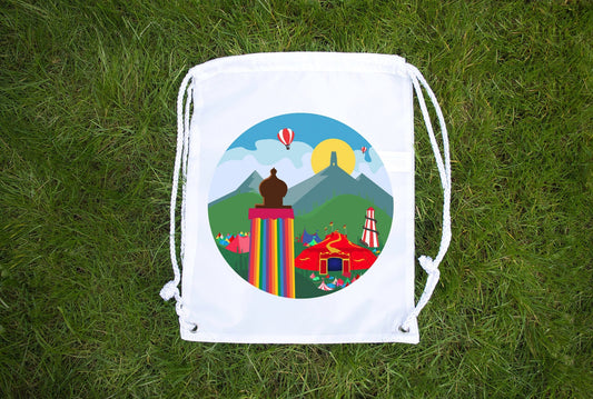 Glastonbury Festival Inspired - Made to order - Premium drawstring bag - Day time at Glasto Design - Worthy Farm Somerset - Festival Merch
