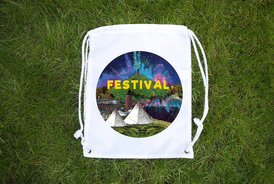 Glastonbury Festival Inspired - Made to order - Premium drawstring bag - Day time at Glasto Design - Worthy Farm Somerset - Festival Merch