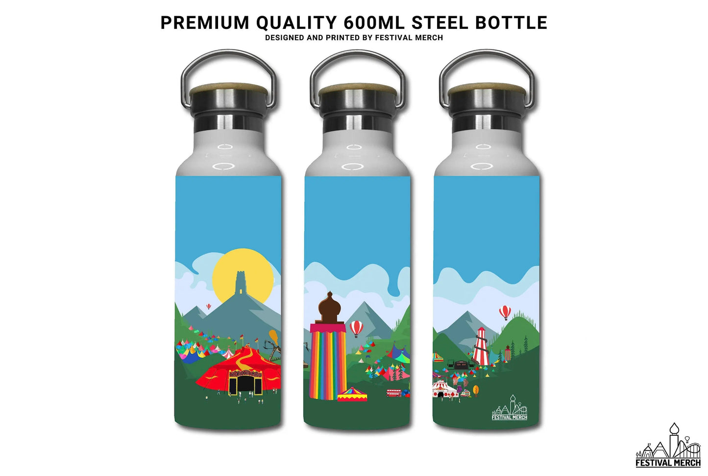 Glastonbury Festival Inspired Water Bottle (Unofficial) - Day time Pyramid Stage Glasto - Premium Quality music festival - Festival Merch