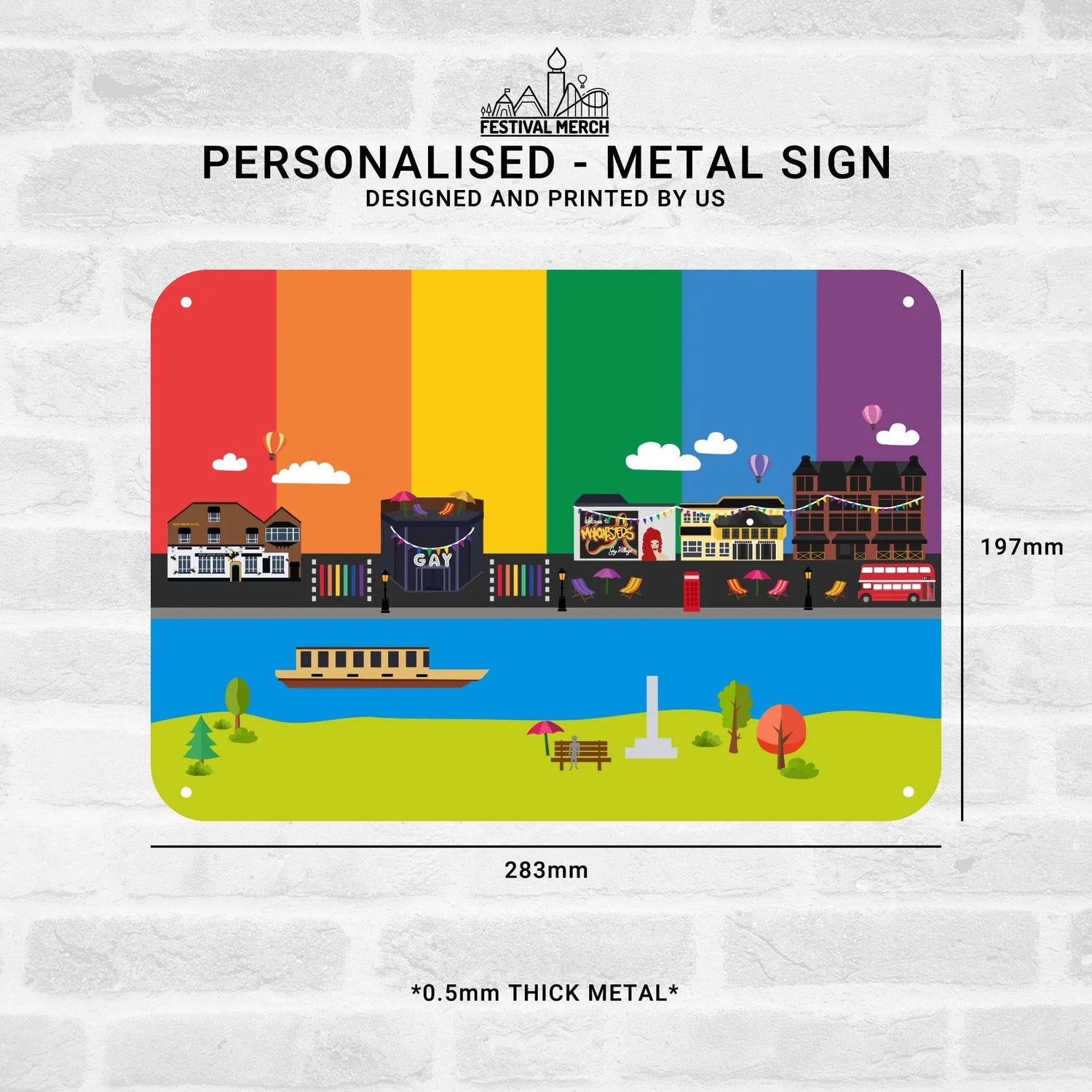 Canal street Manchester - Pride Flag - Metal Sign (Any Words) - Personalise / Customise - Rainbow Flag LGBT UK - Festival Merch