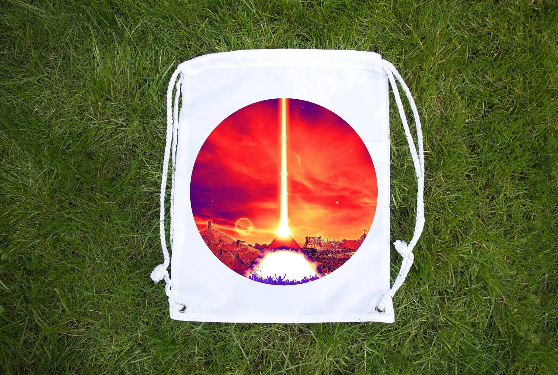 Glastonbury Festival Inspired - Made to order Premium drawstring bag - Day time at Glasto Design - Worthy Farm Somerset - Festival Merch