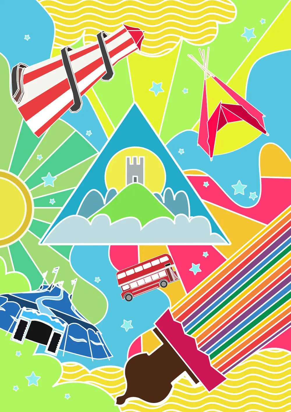 Glastonbury Festival Inspired Art (Unofficial) - A4 A3 A2 - Music Print poster - Time Warp Theme - Pastel - Festival Merch