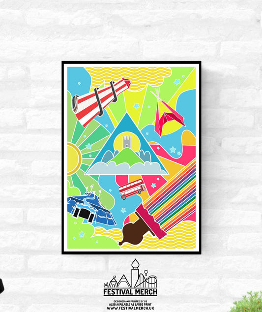 Glastonbury Festival Inspired Art (Unofficial)  - A4 A3 A2 - Music Print poster - Time Warp Theme - Pastel - Festival Merch