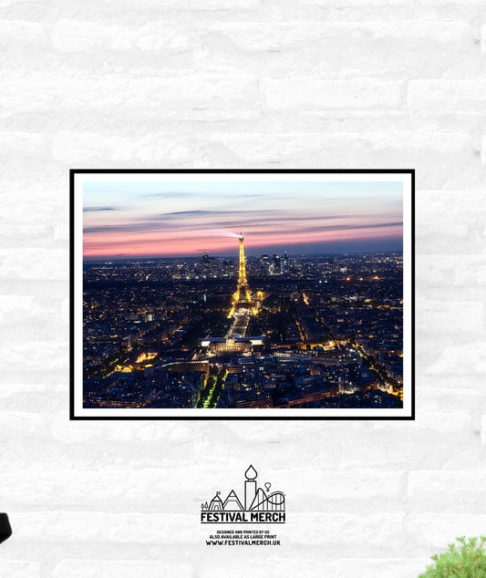 Paris Travel Print - City Skyline Eiffle Tower at night France Sunset  -  Office Home Decor - A4 A3 A2 - Festival Merch