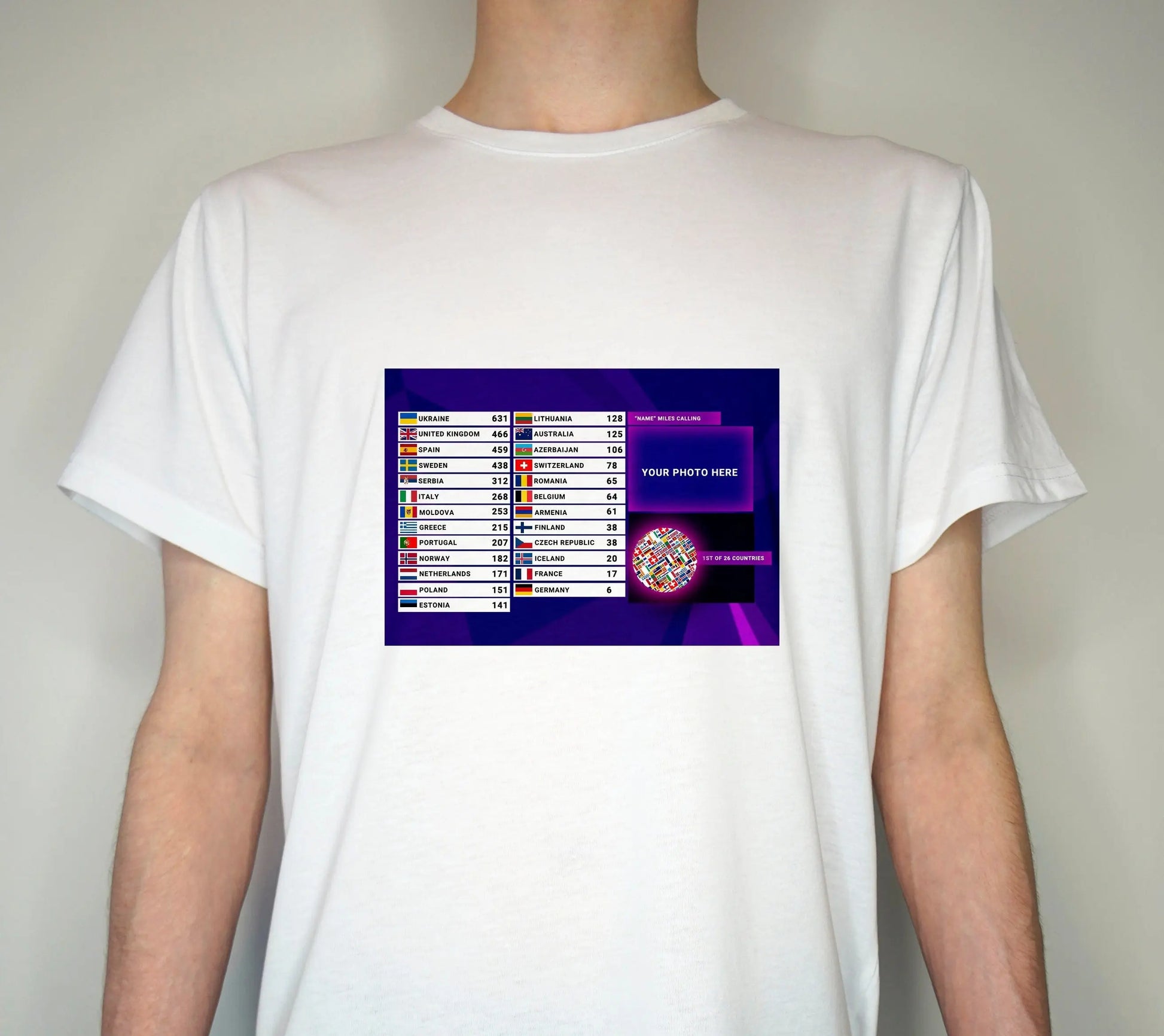 Eurovision T shirt (Unofficial) Inspired Design "Name" Is calling Results board - Premium Quality Summer Light weight 65/35 Polyester Cotton