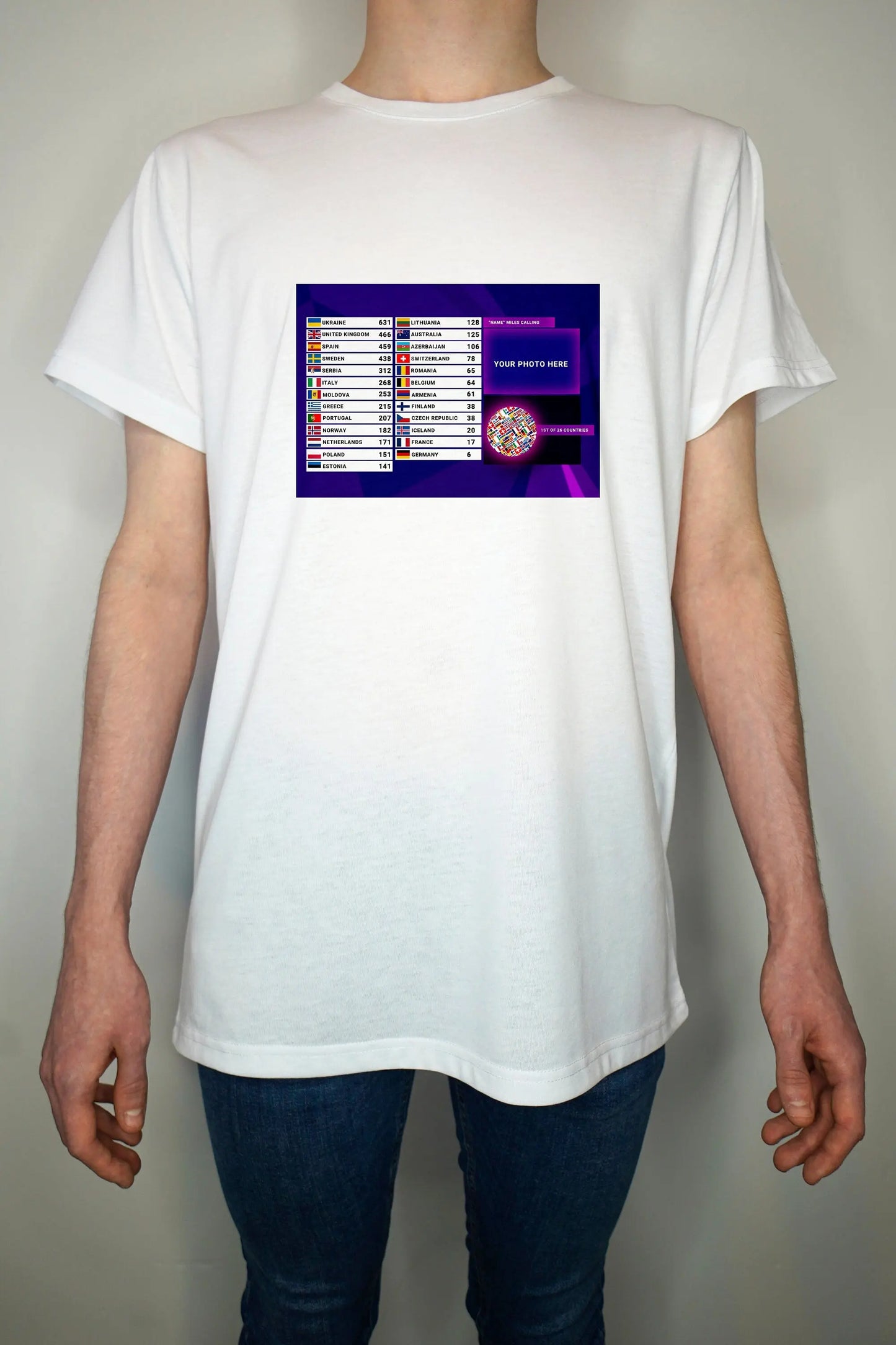 Eurovision T shirt (Unofficial) Inspired Design "Name" Is calling Results board - Premium Quality Summer Light weight 65/35 Polyester Cotton