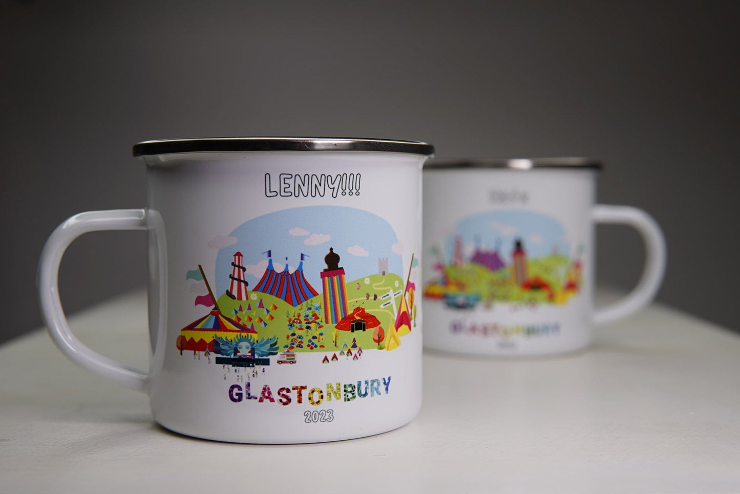 Personalised  12oz Camping Mug - (Unofficial) Glastonbury Festival 2023 Inspired - Enamel 350ml White Cup Music Festival Fan Gift Travel Mug