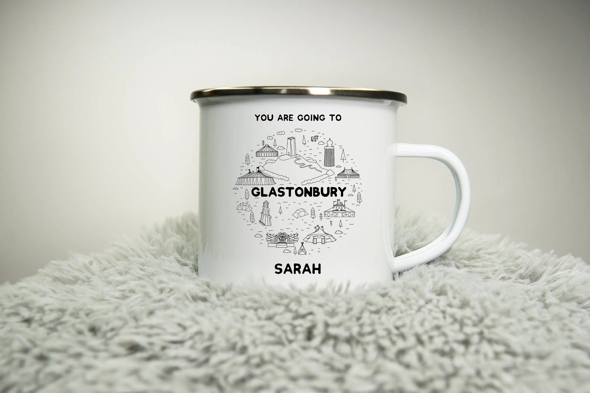 Personalised 12oz Camping Mug - (Unofficial) Glastonbury Festival 2023 Inspired - Enamel 350ml White Cup Music Festival Gift travel mug