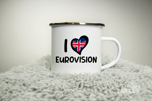 Personalised  12oz Camping Mug - (Any Flag) Eurovision Song Contest 2023 Inspired - Enamel 350ml White Cup Travel Mug Music Fan UK