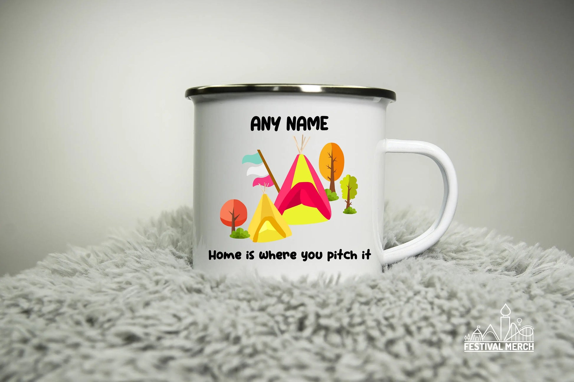 Personalised 12oz Camping Mug - Glamping Holiday Travel Gift For him for her Tenting Adventure Together - Enamel 350ml Glastonbury festival