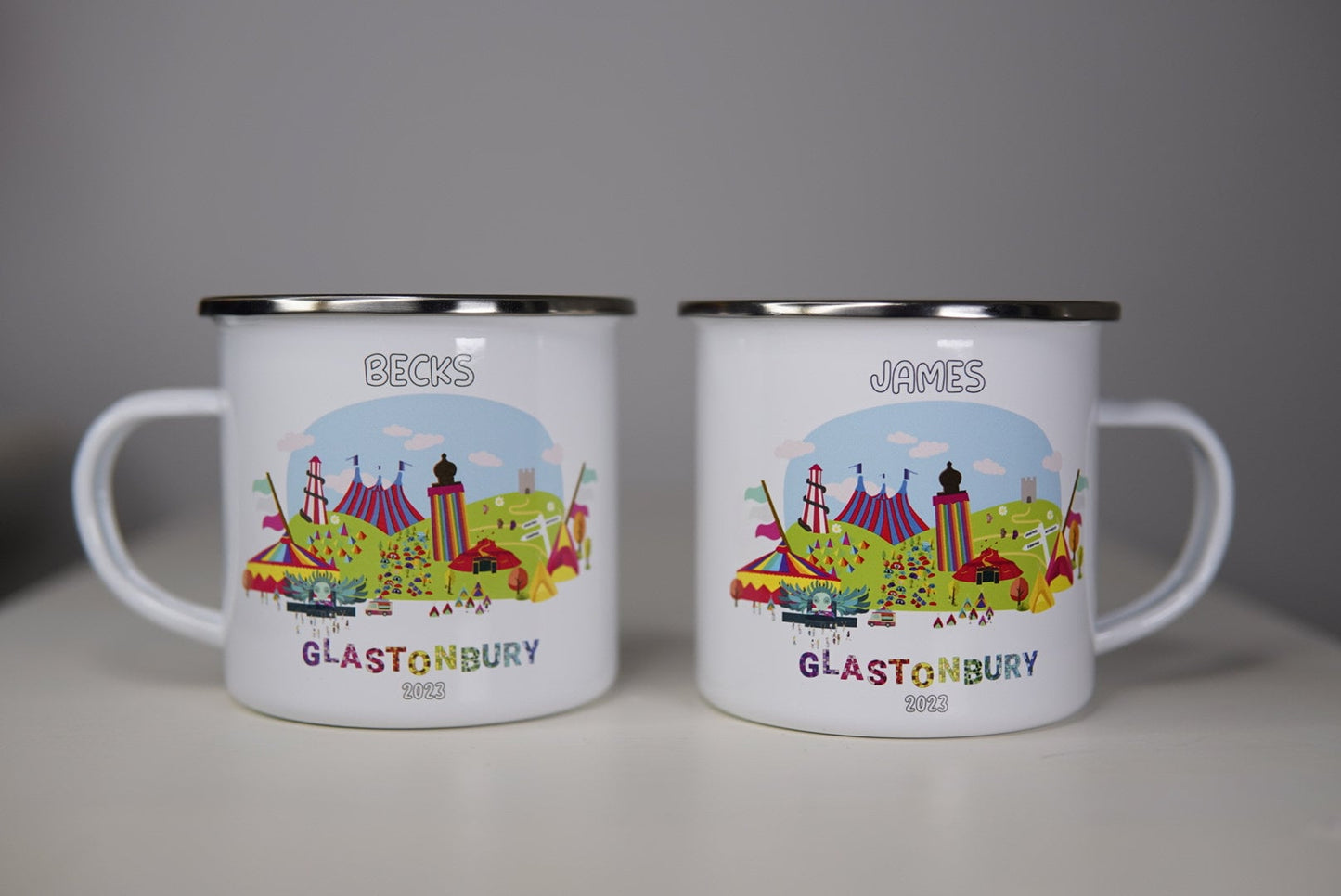 Personalised  12oz Camping Mug - (Unofficial) Glastonbury Festival 2023 Inspired - Enamel 350ml White Cup Music Festival Fan Gift Travel Mug