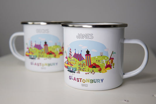 Personalised  12oz Camping Mug - (Unofficial) Glastonbury Festival 2023 Inspired - Enamel 350ml White Cup Music Festival Fan Gift Travel Mug
