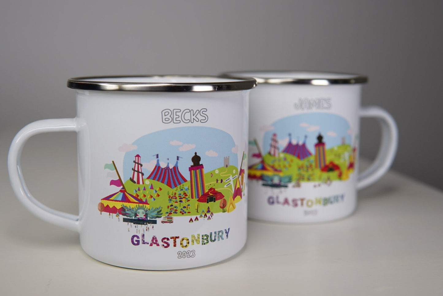 Personalised  12oz Camping Mug - (Unofficial) Glastonbury Festival 2023 Inspired - Enamel 350ml White Cup Music Festival Fan Gift Travel Mug