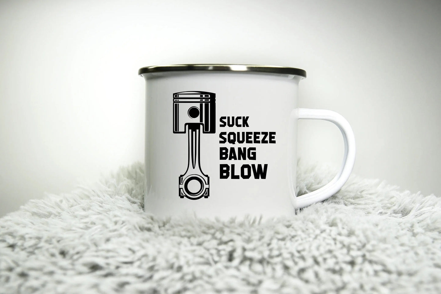 Piston Joke Mug Suck Squeeze Bang Blow - 12oz Camping Mug - Funny Rude inappropriate Motorbike Gift for Dad Gift for Biker Road Racing Cup